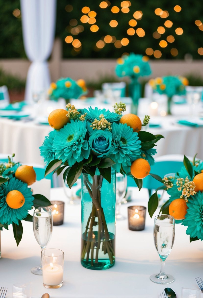 Teal floral centerpieces with citrus blossoms adorn a wedding reception table