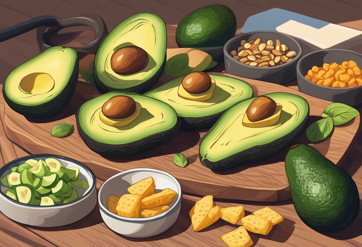 A plate of avocado slices arranged neatly on a wooden cutting board, surrounded by a variety of keto-friendly snacks, in a concert hall setting