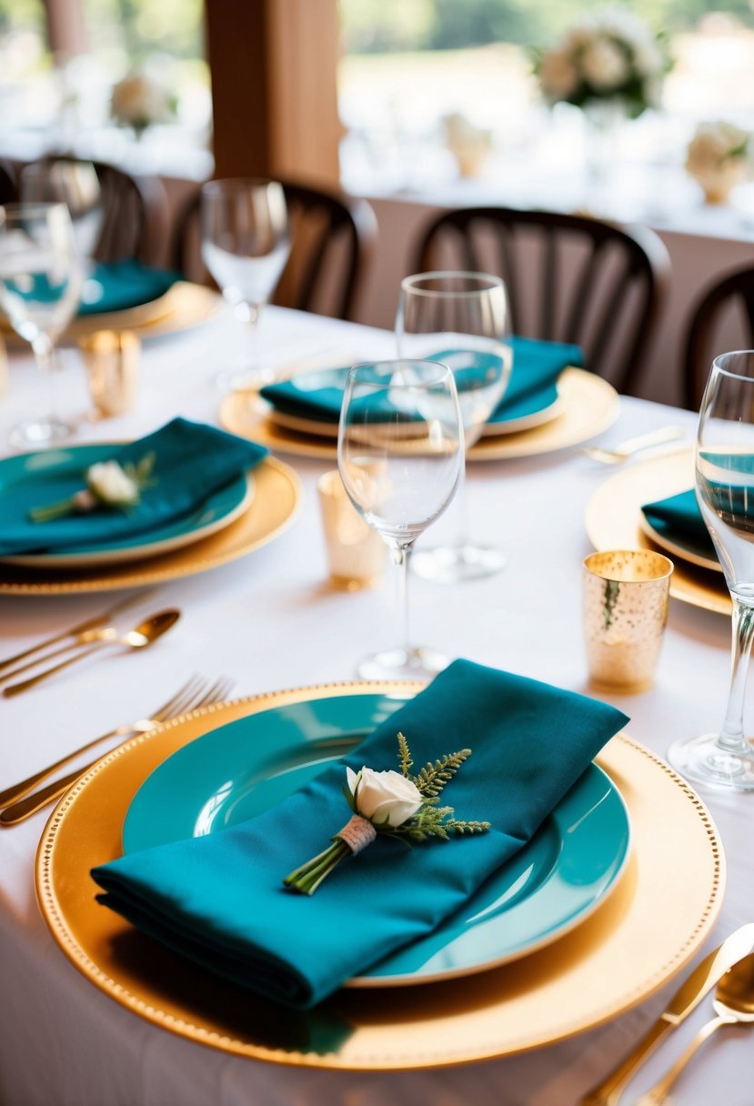 Gold charger plates support teal table settings for a wedding, creating an elegant and sophisticated atmosphere