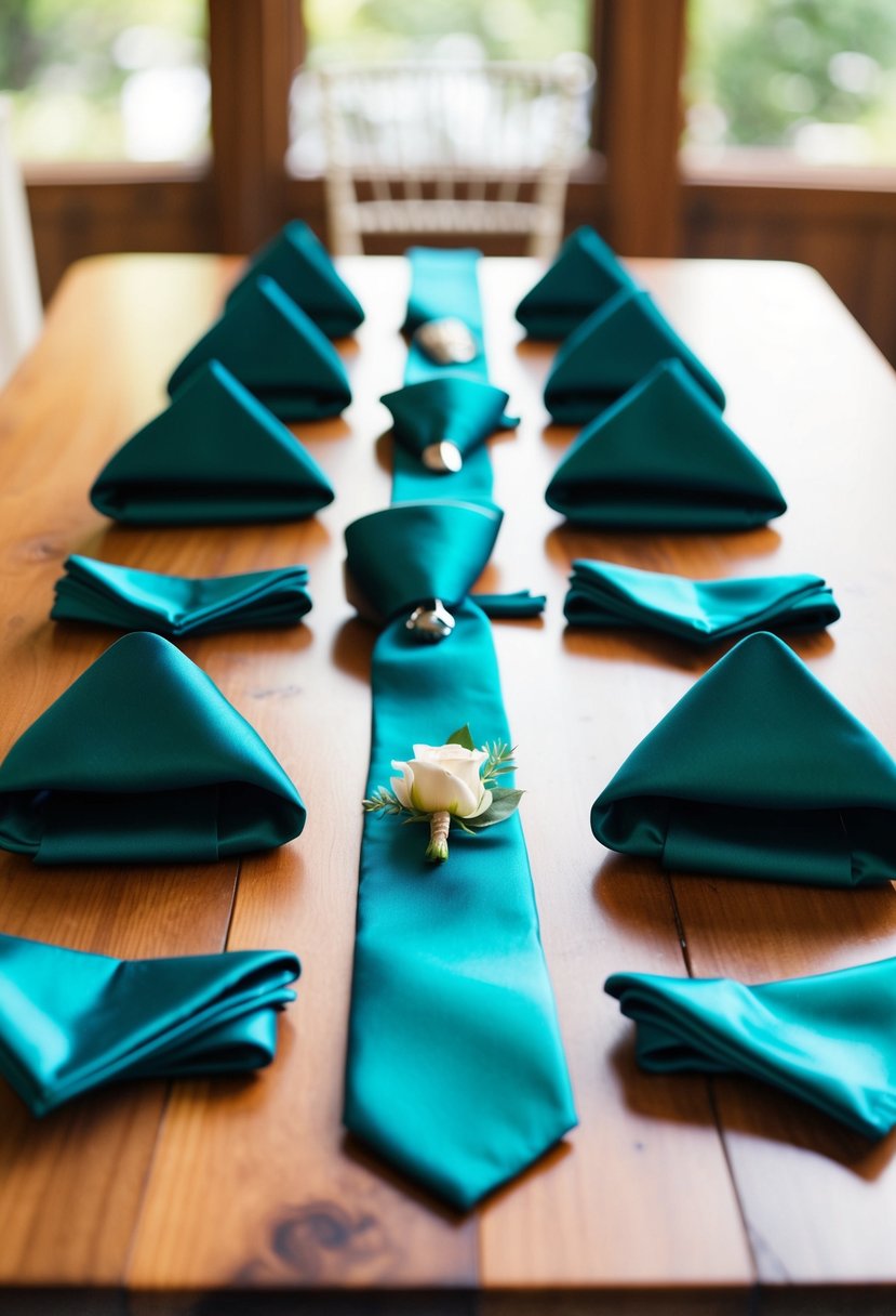 Groomsmen's teal ties and pocket squares arranged neatly on a wooden table