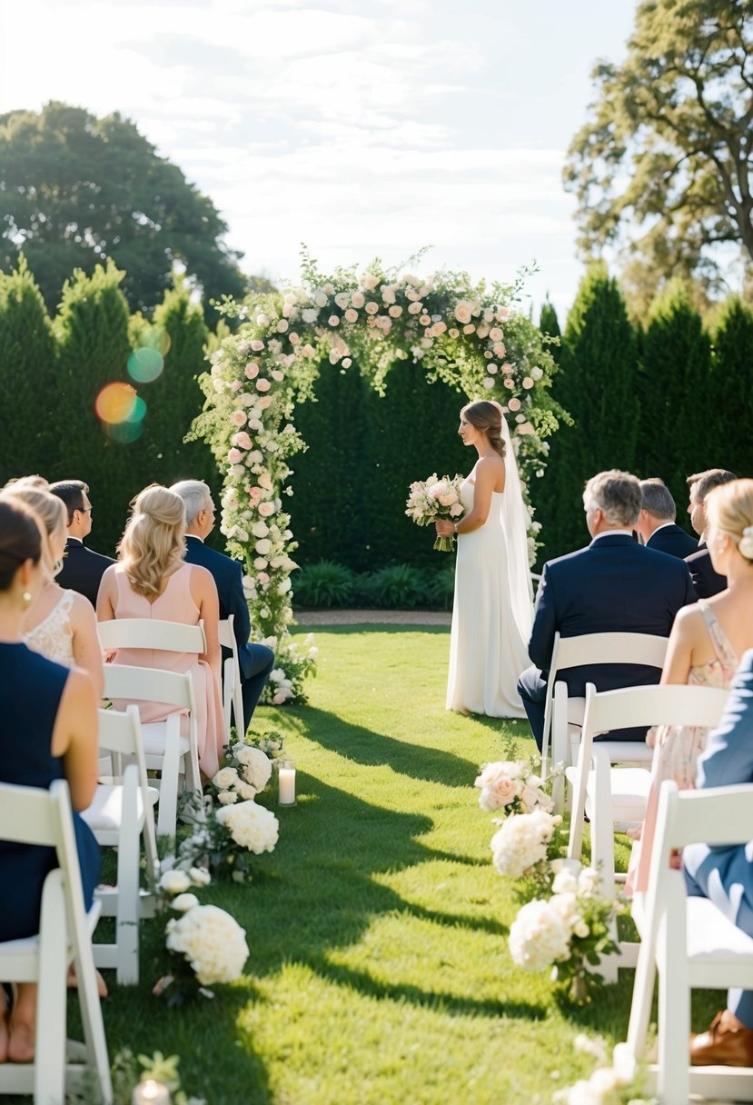 A simple, elegant ceremony in a sunlit garden with a floral arch and white chairs arranged for guests