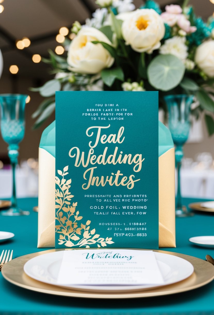 Teal wedding invites with gold foil lettering arranged on a table with teal wedding decor and flowers in the background