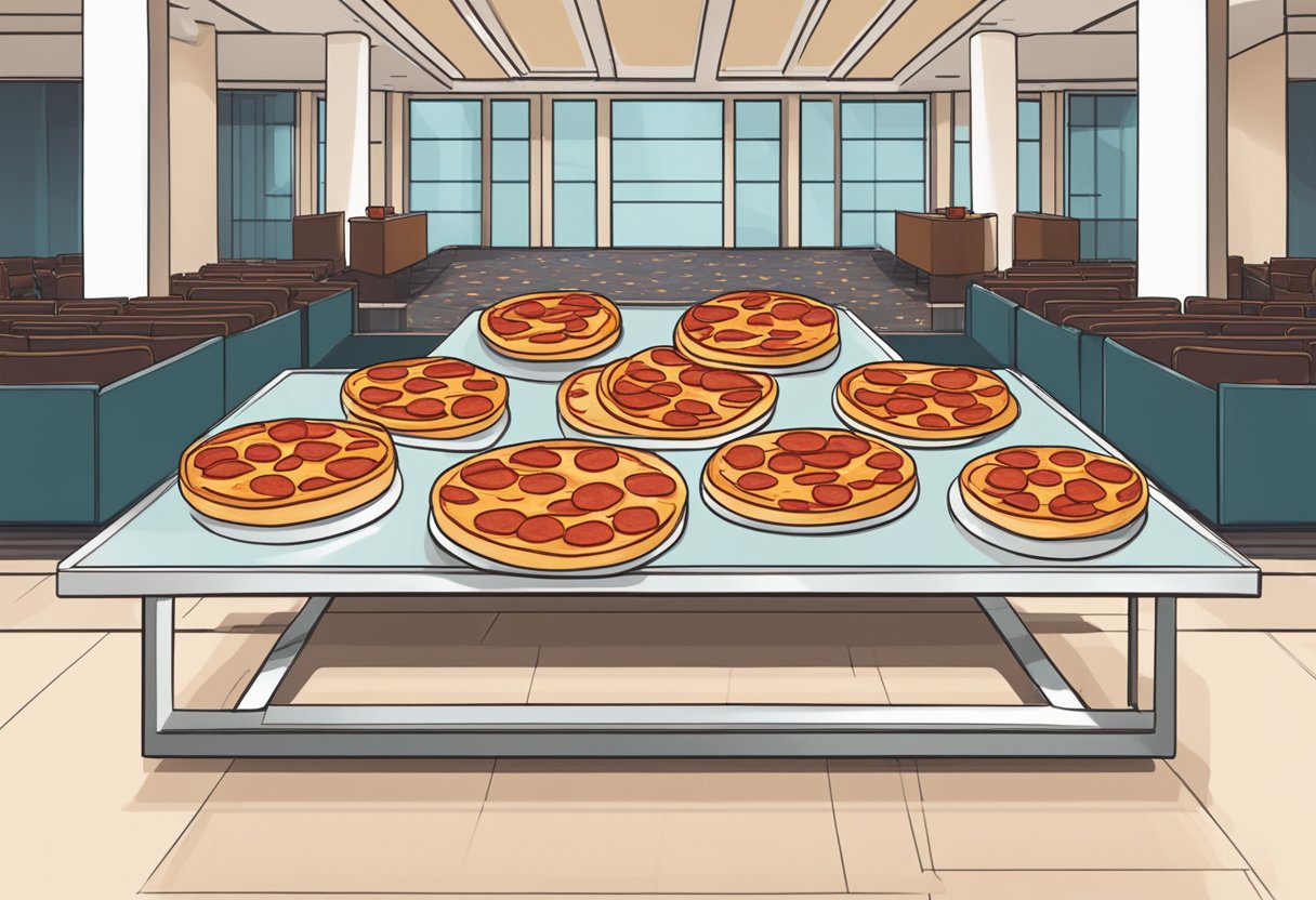 A platter of keto-friendly pepperoni slices arranged on a sleek, modern snack table in a concert hall lobby