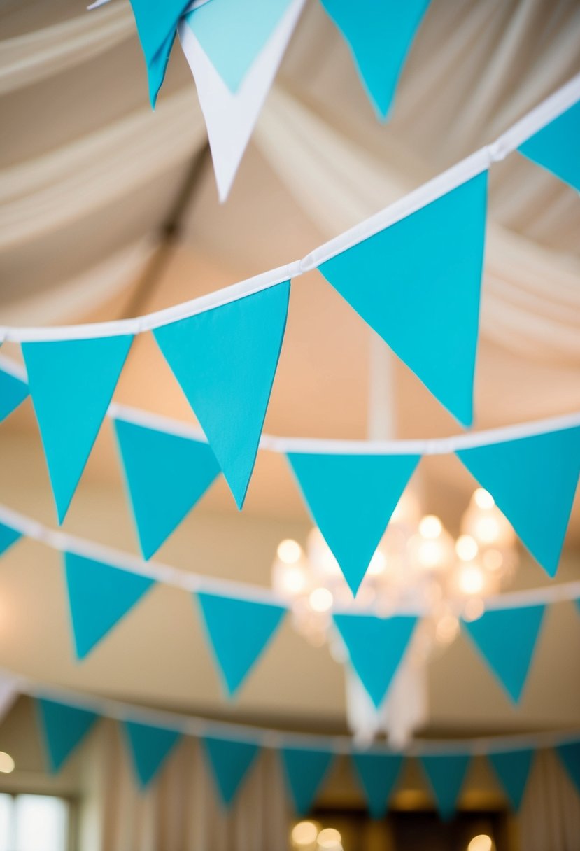 Teal banners and bunting hang from the ceiling, adding a pop of color to the wedding reception decor