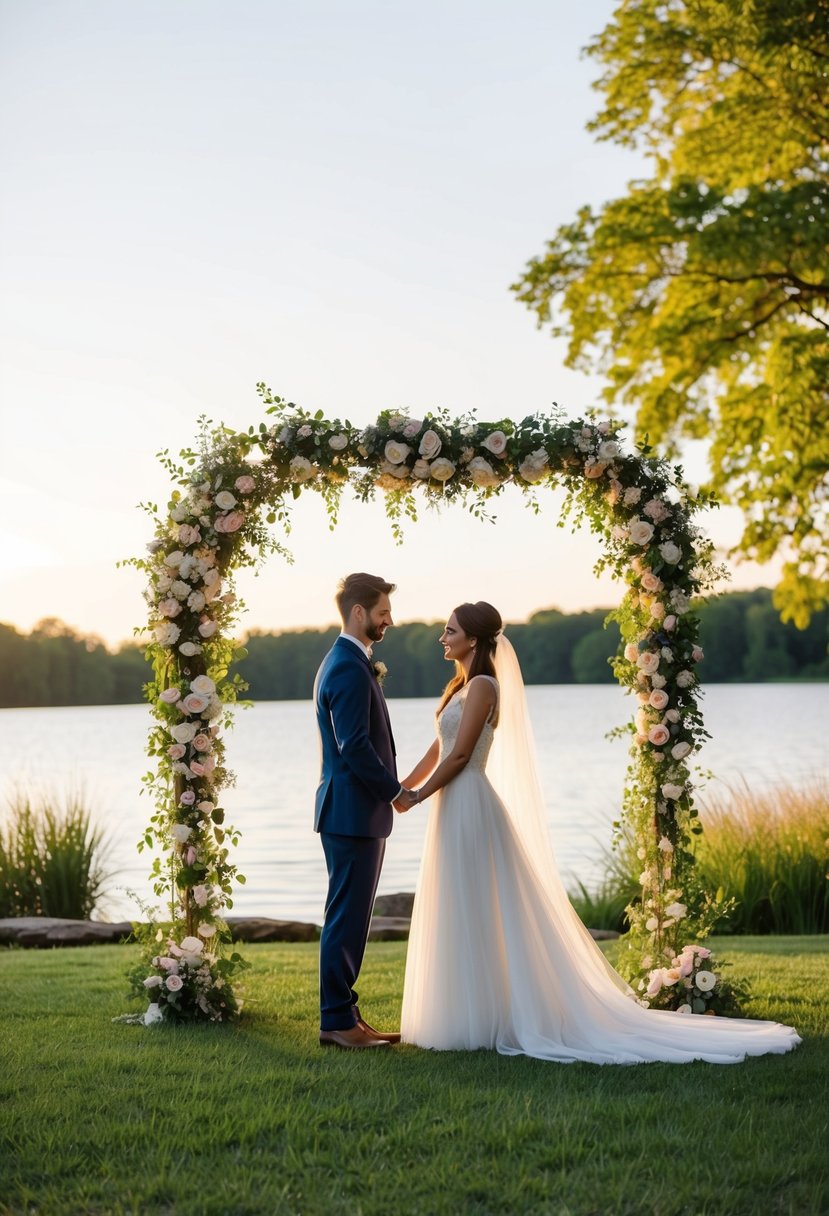 A couple exchanges vows under a flower-adorned arch by a serene lake, surrounded by lush greenery and the soft glow of sunset