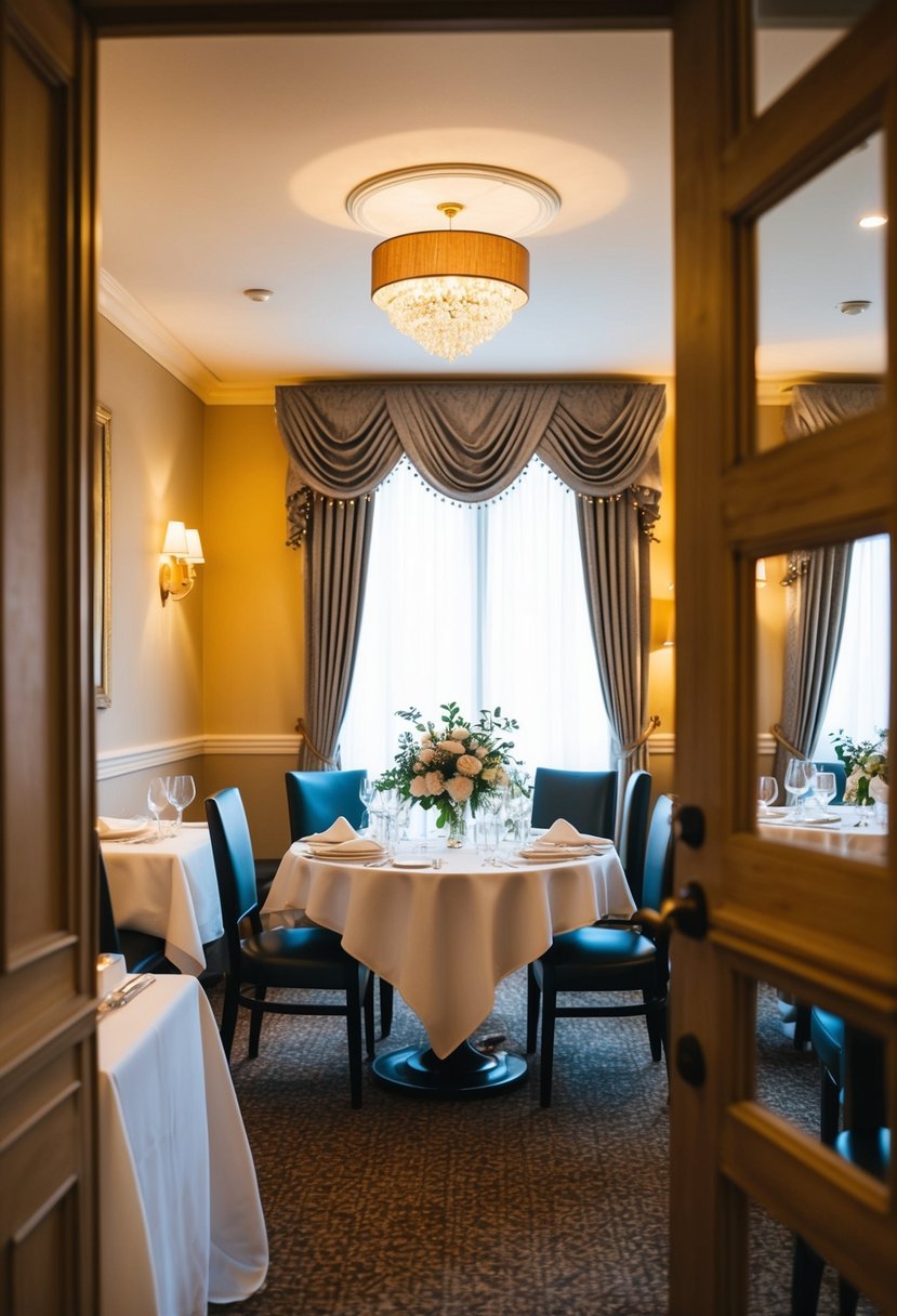 A cozy private room in a restaurant, adorned with elegant decor and soft lighting, set up for a civil wedding ceremony