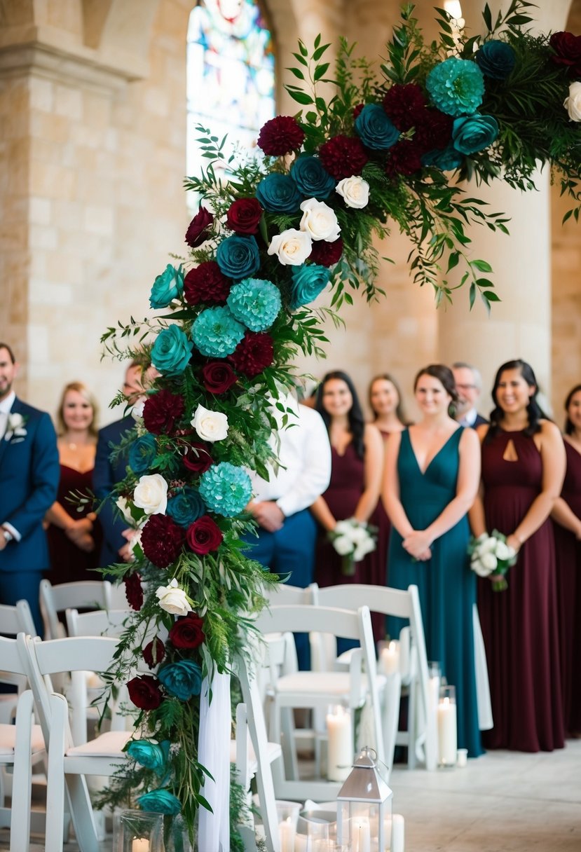 A lush teal and burgundy floral archway at a wedding ceremony