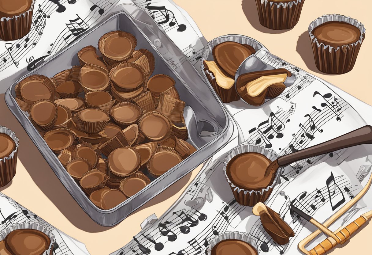 A spotlight shines on a pile of ChocZero Sugar-Free Peanut Butter Cups surrounded by musical instruments and sheet music in a concert hall