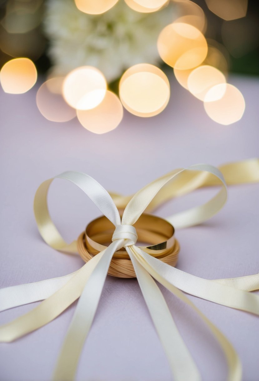 Two ribbons intertwine around a central object, symbolizing unity and commitment in a hand-fasting ceremony