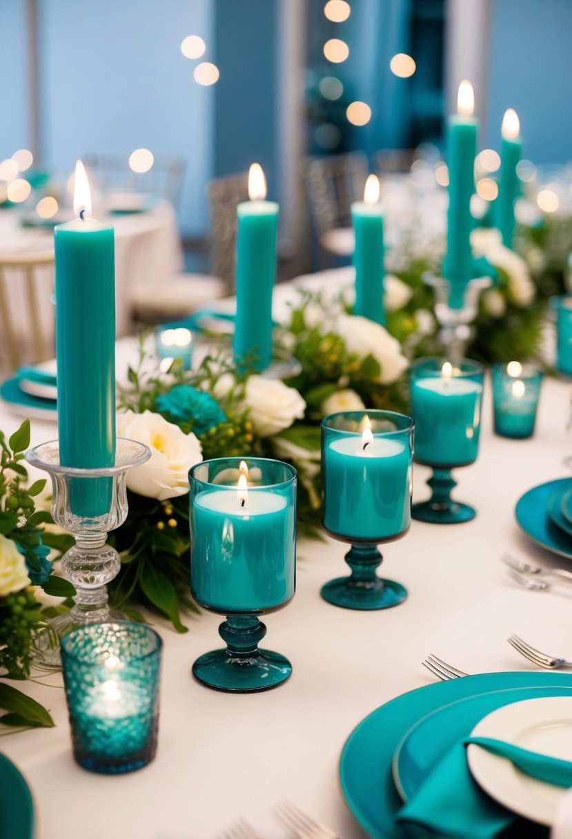 A table adorned with teal candles in glass holders, surrounded by teal floral centerpieces