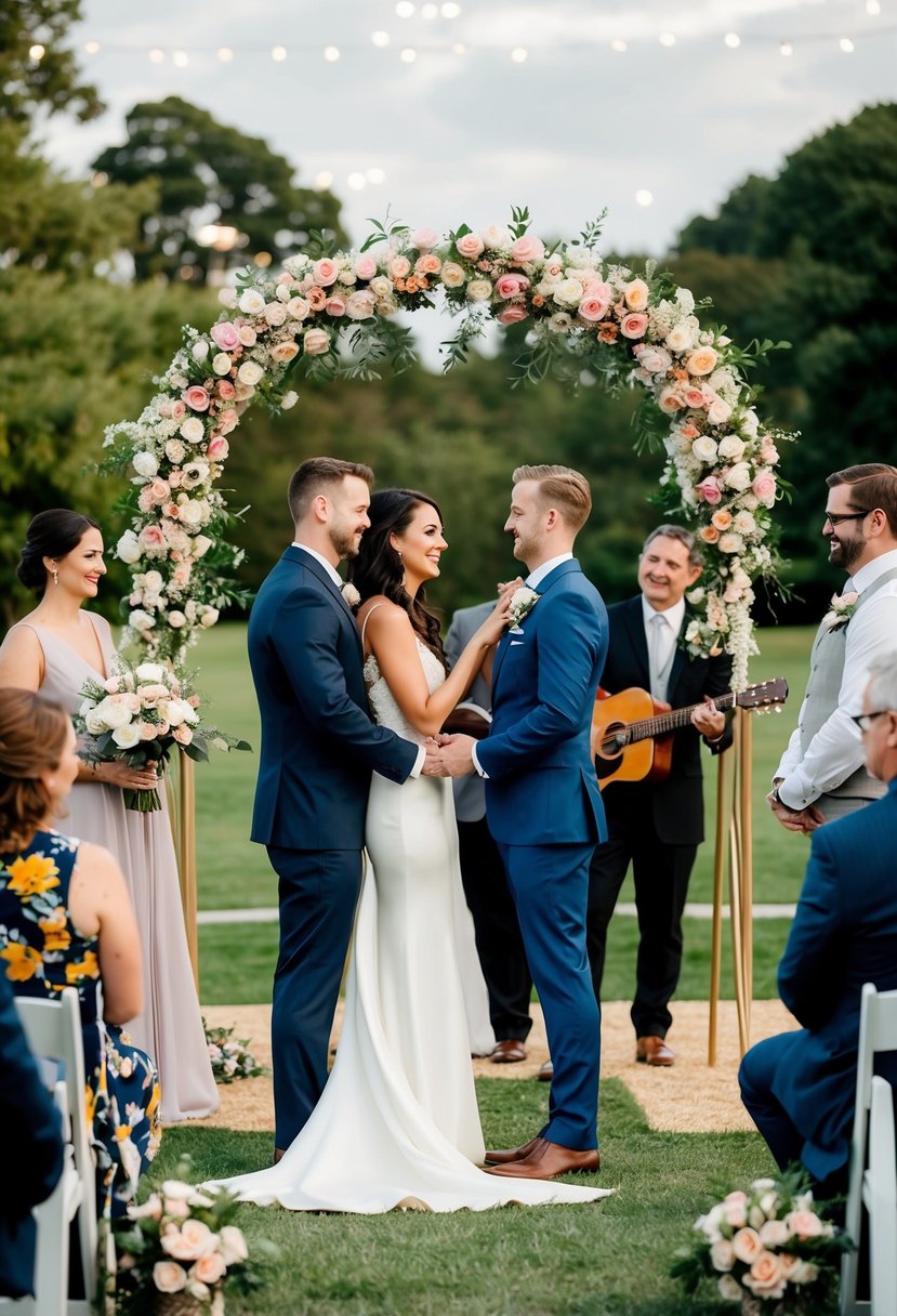 A couple exchanges vows under a floral arch, surrounded by guests and live acoustic music