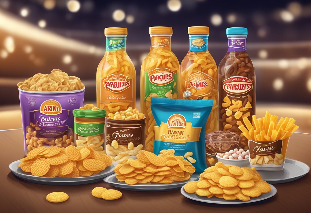 A variety of ParmCrisps snacks are arranged on a table in a concert hall setting, with elegant lighting and a sophisticated atmosphere