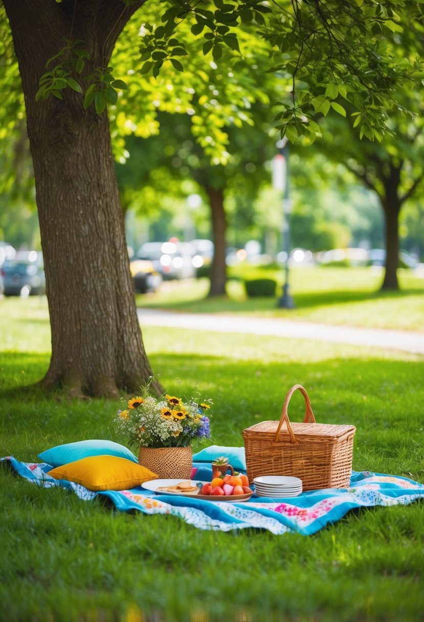 A cozy picnic set up under a leafy tree in a local park, with a colorful blanket, a basket of food, and a bouquet of wildflowers