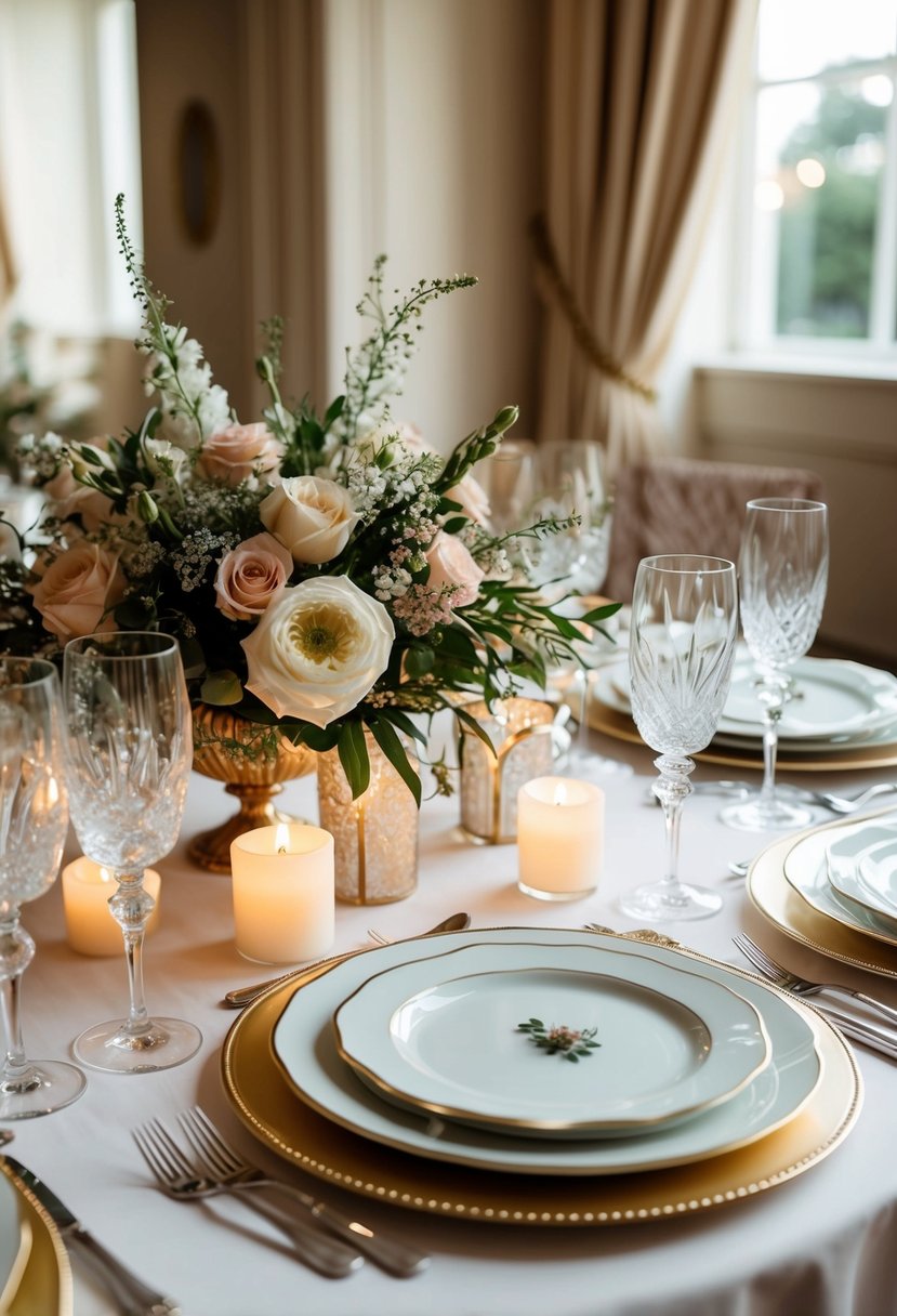 A beautifully set dining table with fine china, crystal glasses, and a floral centerpiece. Soft candlelight and elegant decor create a warm and inviting atmosphere for a civil wedding celebration with close family