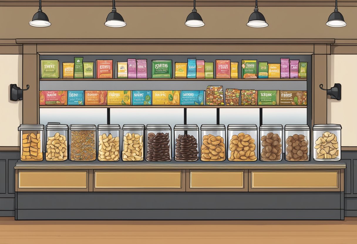 A concert hall snack bar display with 25 keto olive snack packs