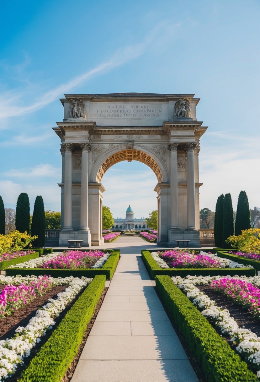 A historic landmark with a grand archway and blooming gardens, set against a clear blue sky