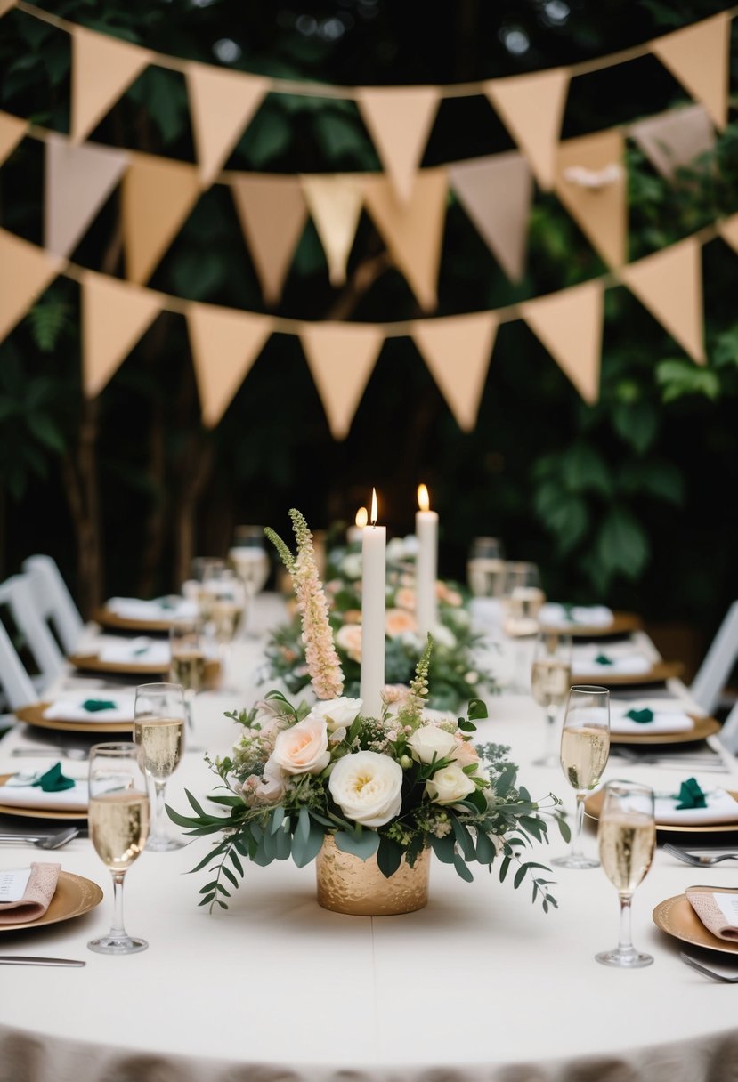 A table adorned with handmade centerpieces and floral arrangements, surrounded by handmade banners and bunting