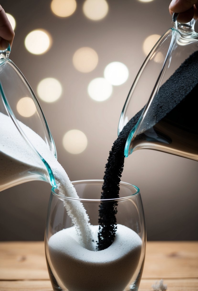 Two glass vases filled with sand, one white and one black, pour together into a single vessel