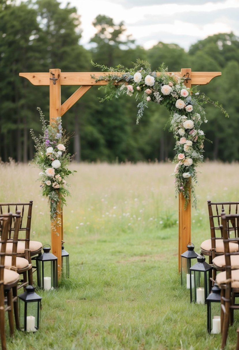 A wooden arch adorned with wildflowers stands in a clearing, surrounded by vintage lanterns and burlap-covered chairs. A rustic outdoor wedding awaits