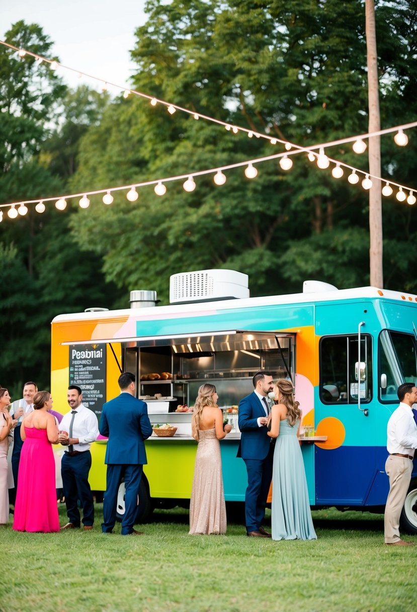 A colorful food truck parked at a casual outdoor reception, with guests mingling and enjoying the variety of food options