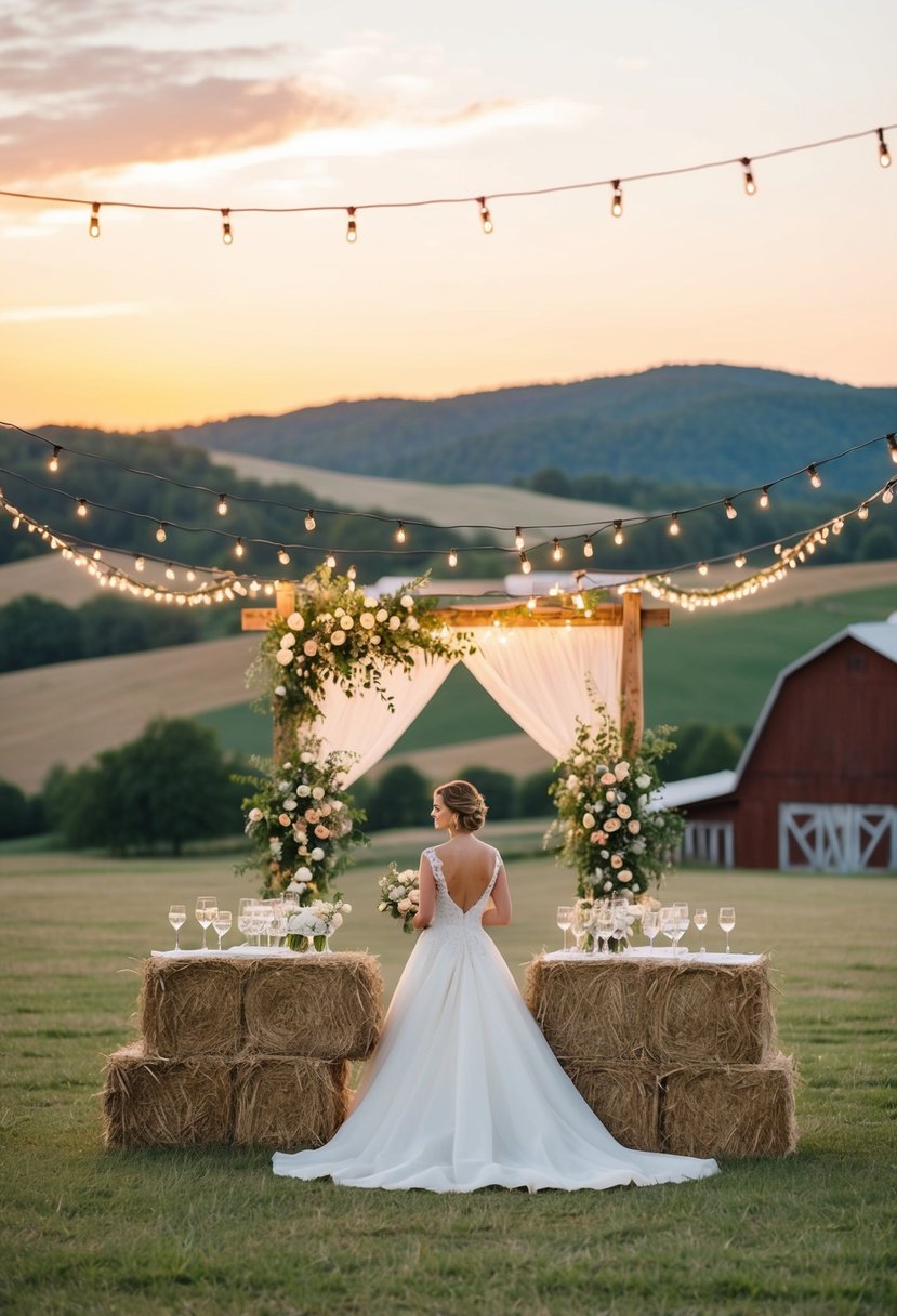 A picturesque barn wedding with string lights, hay bales, and floral decor, set against a backdrop of rolling hills and a golden sunset