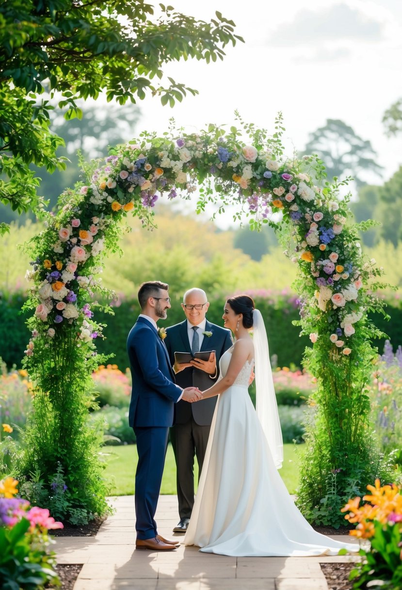 A couple stands beneath a blooming archway, surrounded by lush greenery and colorful flowers. They exchange personal vows in a serene botanical garden