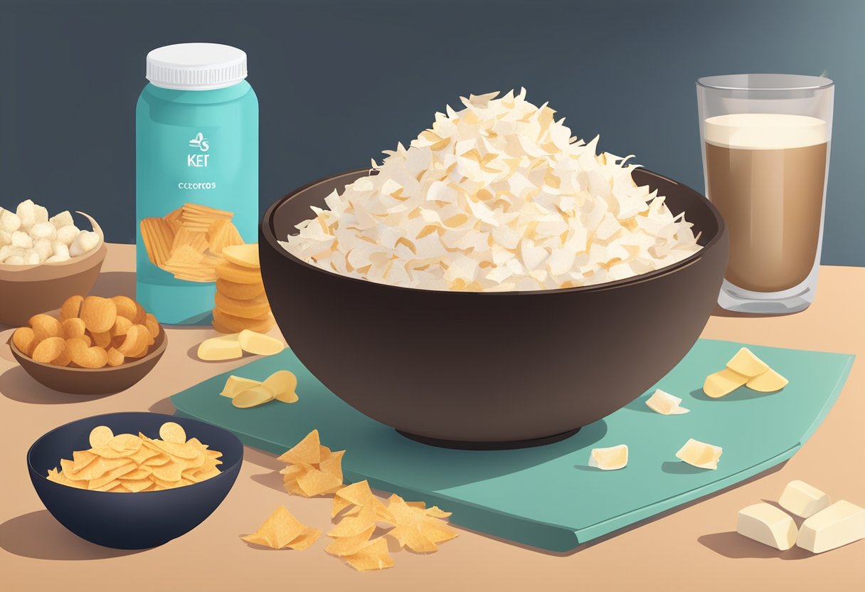 A bowl of coconut chips sits on a sleek table in a modern concert hall, surrounded by elegant keto-friendly snacks