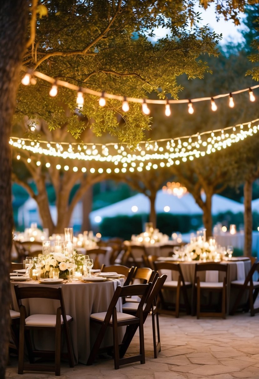 The scene is set in a charming outdoor wedding venue, with string lights hanging from the trees, casting a warm and inviting glow over the rustic decor. The soft light creates a romantic ambiance, perfect for a memorable celebration