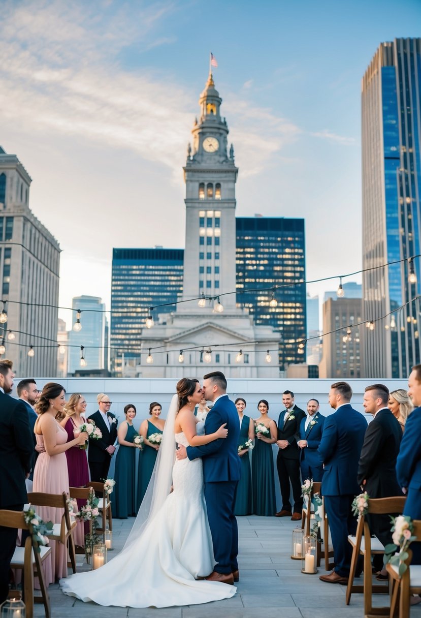 A city hall wedding ceremony with guests followed by a rooftop party with string lights and a view of the city skyline