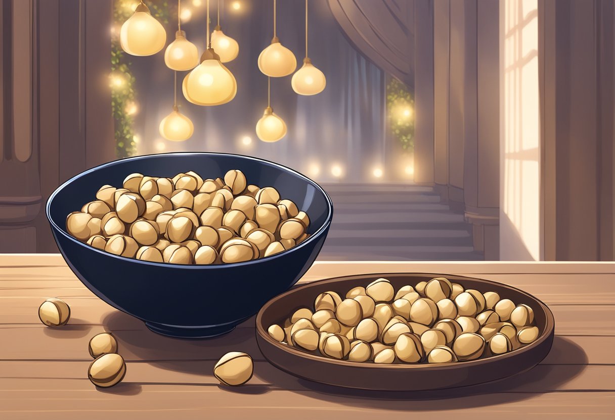 A bowl of macadamia nuts sits on a wooden table in a dimly lit concert hall, surrounded by elegant decor and soft lighting