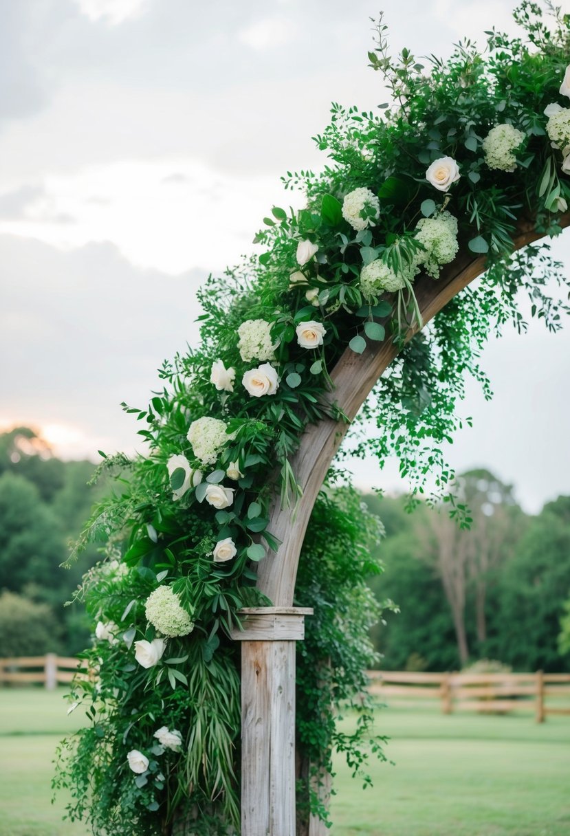 Lush greenery cascades over weathered wooden arches in a rustic outdoor wedding setting