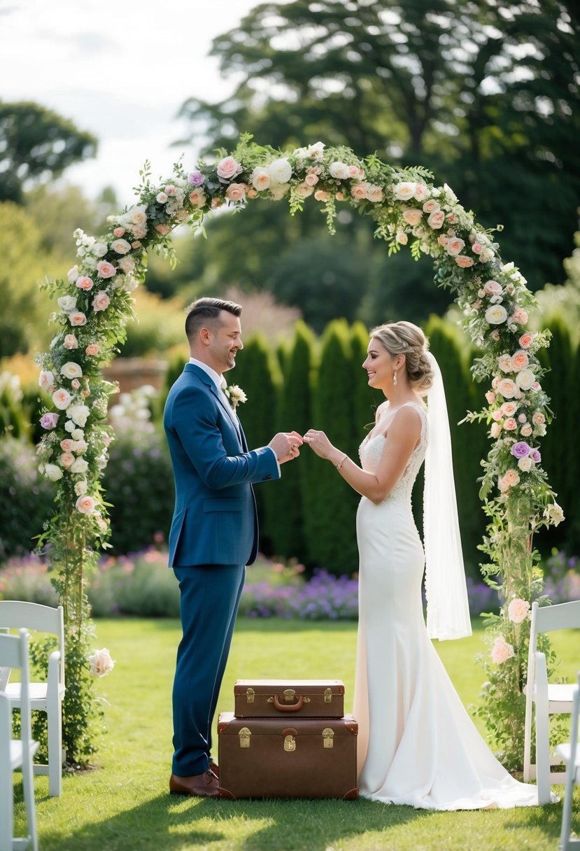 A bride and groom stand under a floral arch in a garden, exchanging vows. A vintage suitcase serves as a prop for the rings