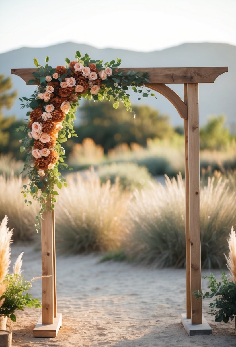 A wooden arch adorned with terracotta-colored flowers stands in a rustic outdoor setting, surrounded by natural elements and warm sunlight