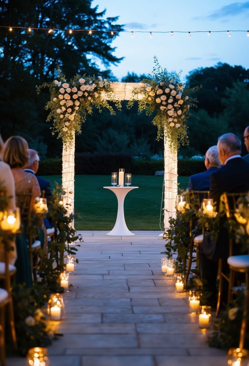 A twilight ceremony with fairy lights illuminating a serene outdoor setting for a civil wedding