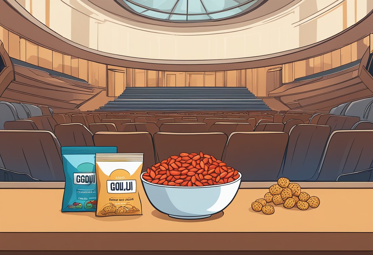 A bowl of goji berries sits on a table in a concert hall, surrounded by low-carb snacks