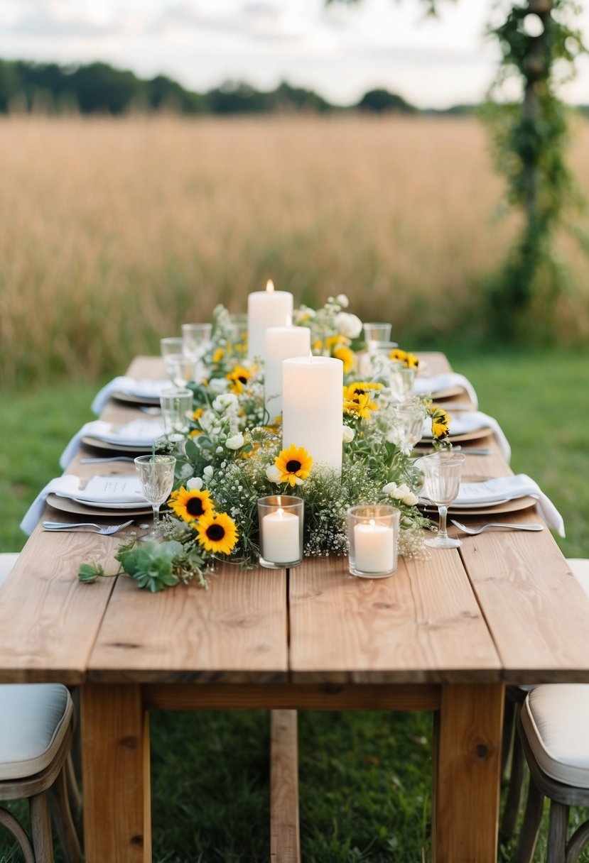 A wooden table adorned with wildflowers and candles, set against a backdrop of a rustic outdoor wedding