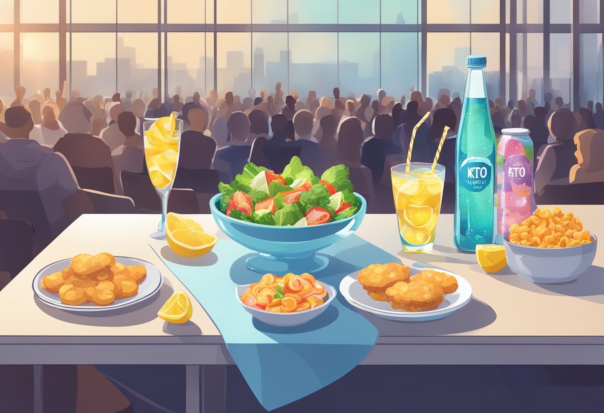 A table set with Bubly Sparkling Water and keto-friendly snacks at a concert hall