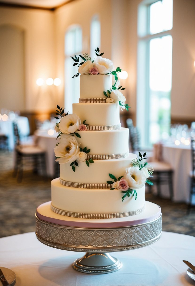 A wedding cake adorned with elegant floral and geometric designs, set on a decorative stand in a softly lit reception hall