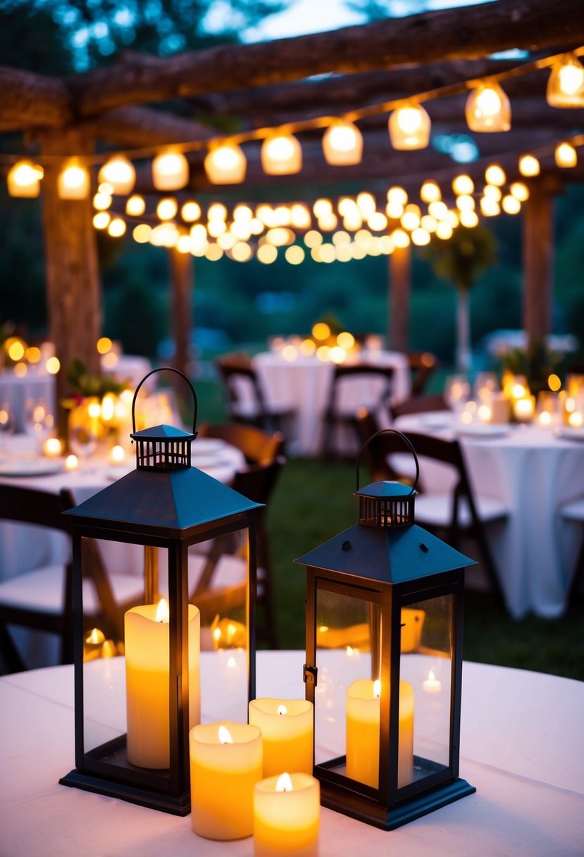 Lanterns and candles illuminate a rustic outdoor wedding, casting a warm and charming glow over the evening celebration