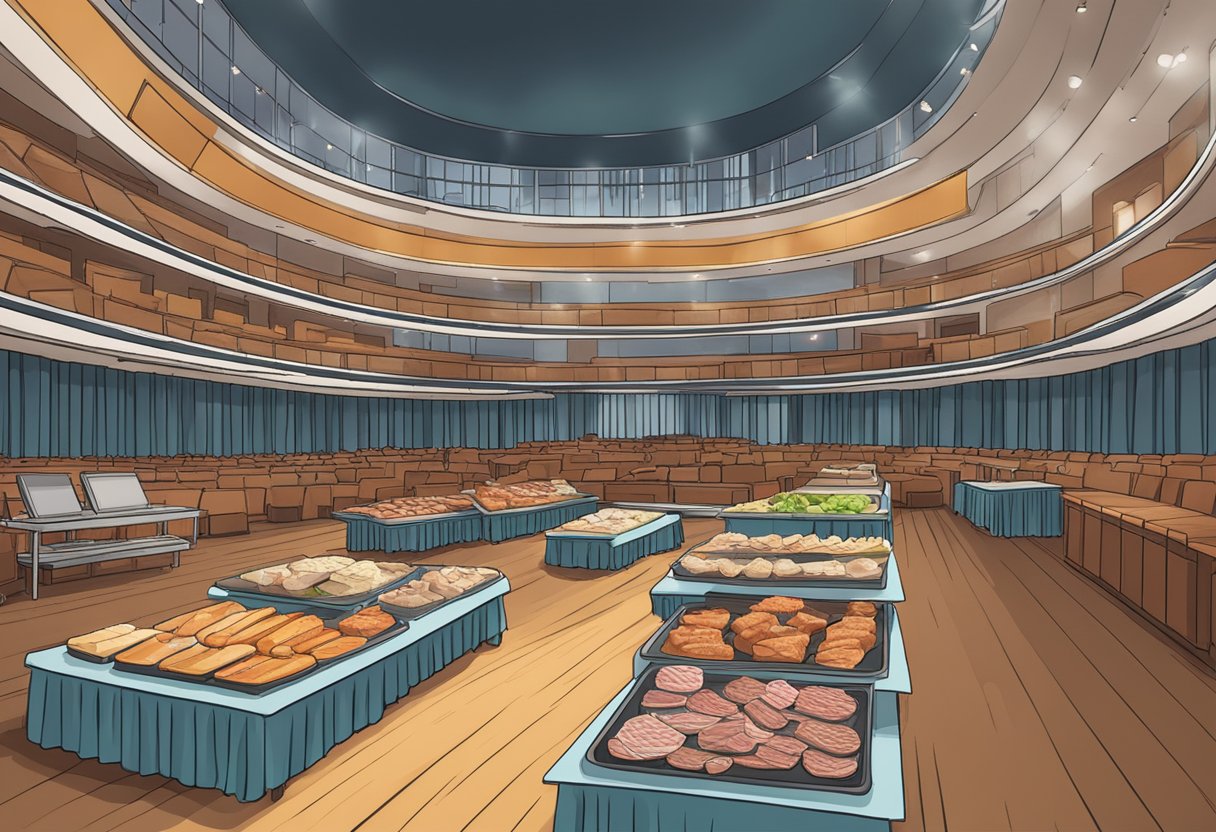 A concert hall stage set with a variety of keto-friendly meat bars displayed on a table