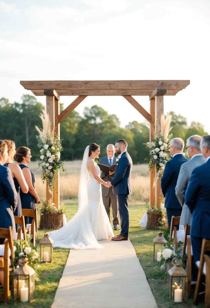 A wooden arch stands at the center of an outdoor wedding ceremony, surrounded by rustic decor and natural elements