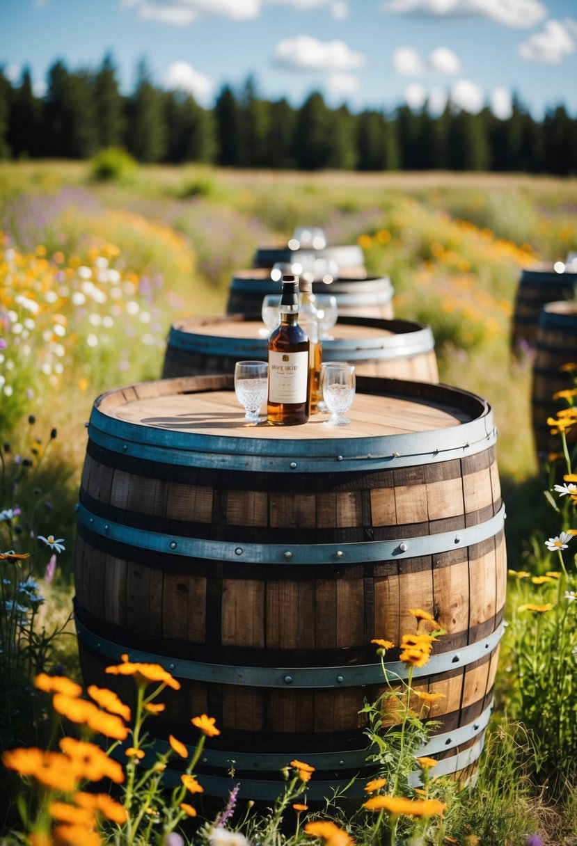 Whiskey barrel tables surrounded by wildflowers at a rustic outdoor wedding