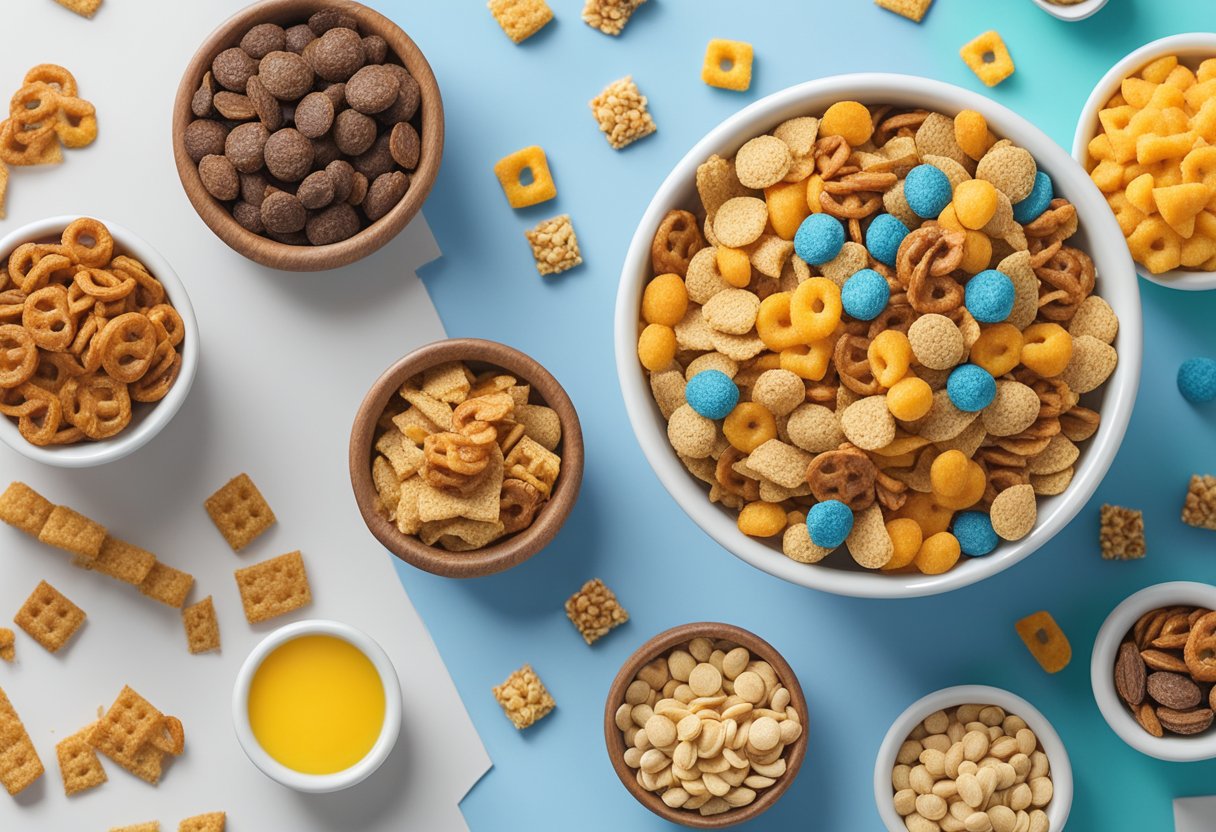 A bowl of Catalina Crunch Cereal Snack Mix sits on a table surrounded by 25 keto-friendly snacks