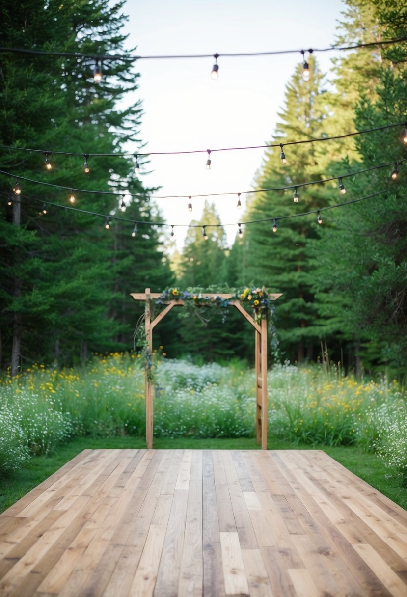 A wooden dance floor surrounded by trees and wildflowers, with string lights overhead and a rustic arch at one end