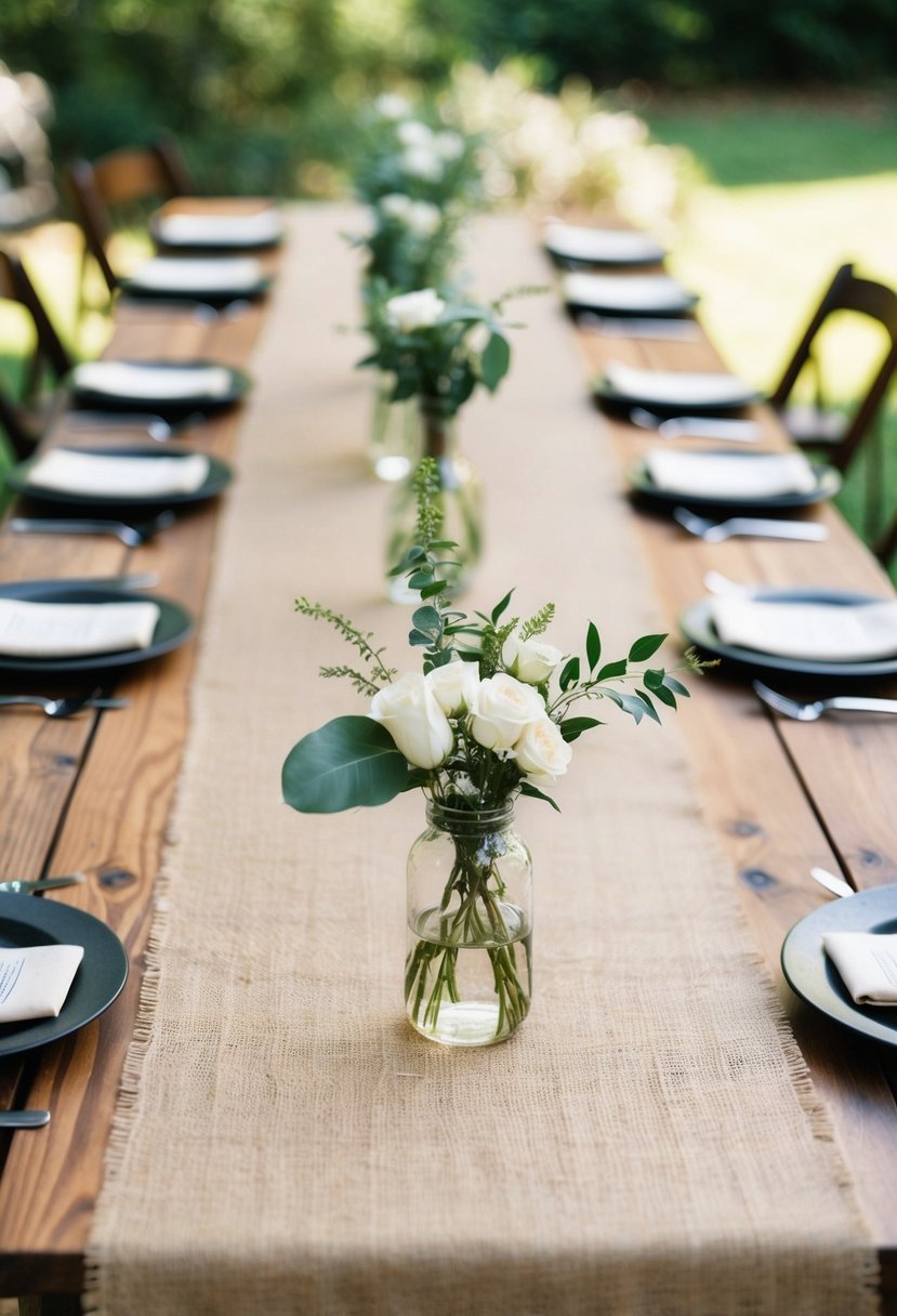 Burlap table runners adorn wooden tables at a rustic outdoor wedding, adding texture and natural charm to the scene