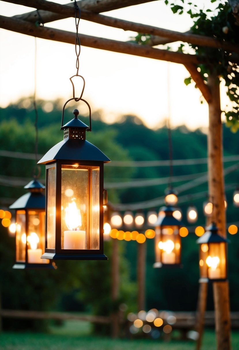 A rustic outdoor wedding with romantic hanging lanterns illuminating the scene