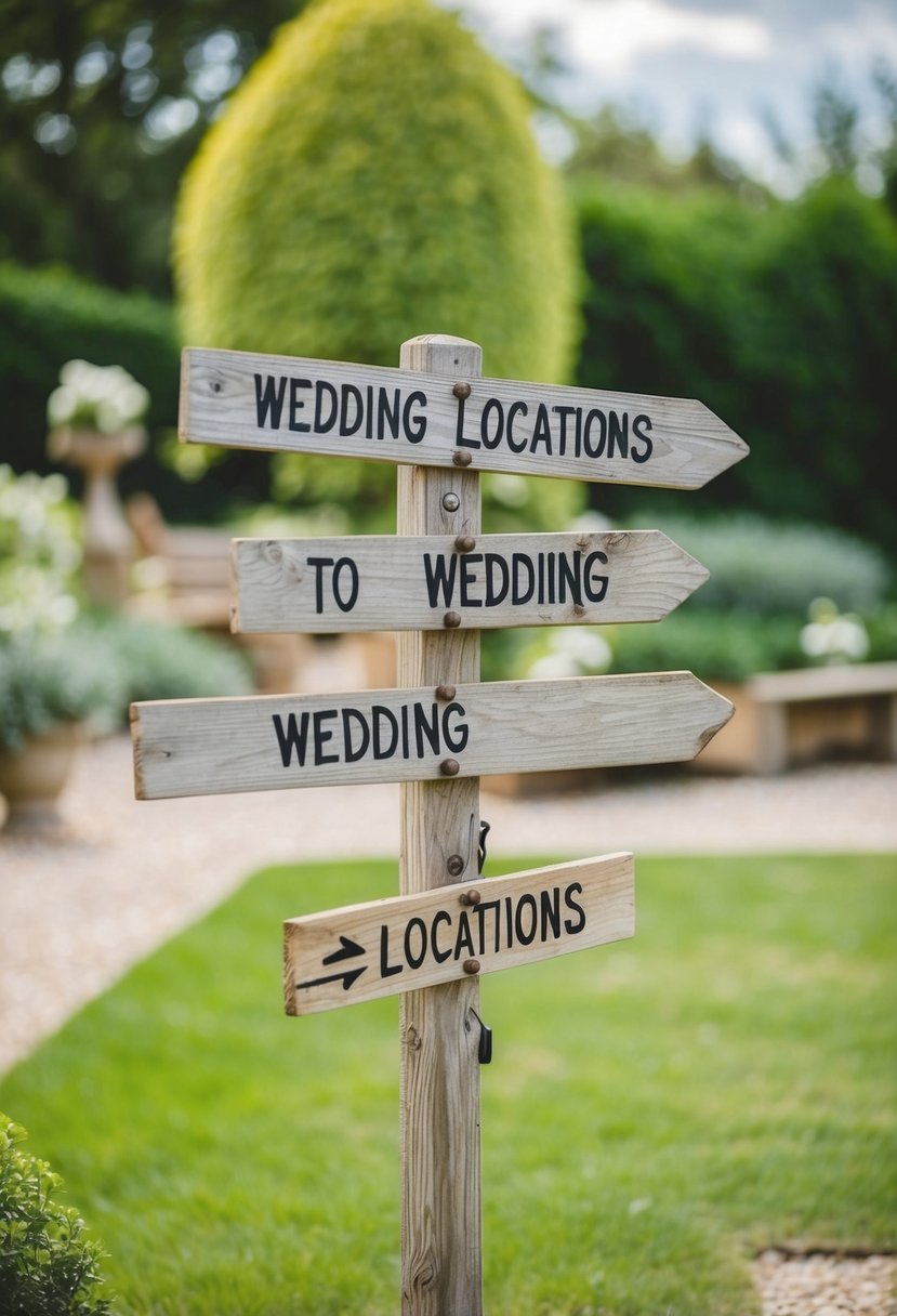 A wooden signpost stands in a lush garden, pointing the way to different wedding locations. Rustic details add charm to the outdoor setting