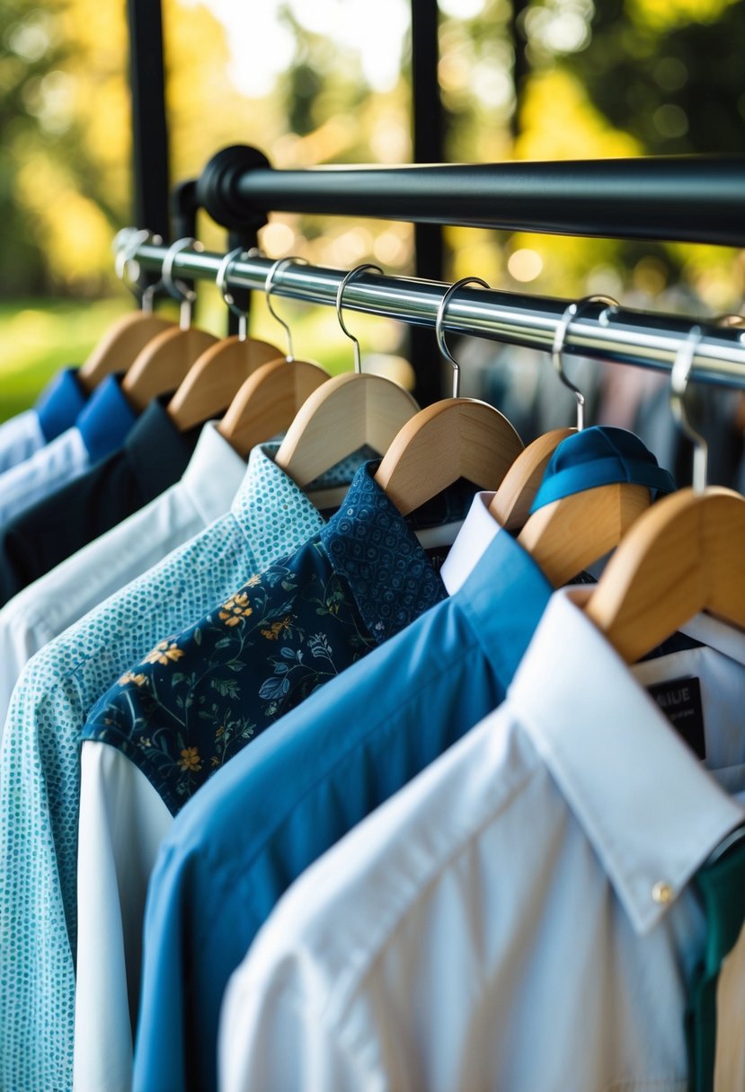 A table with a collection of wedding shirt designs displayed on hangers, with various colors and patterns