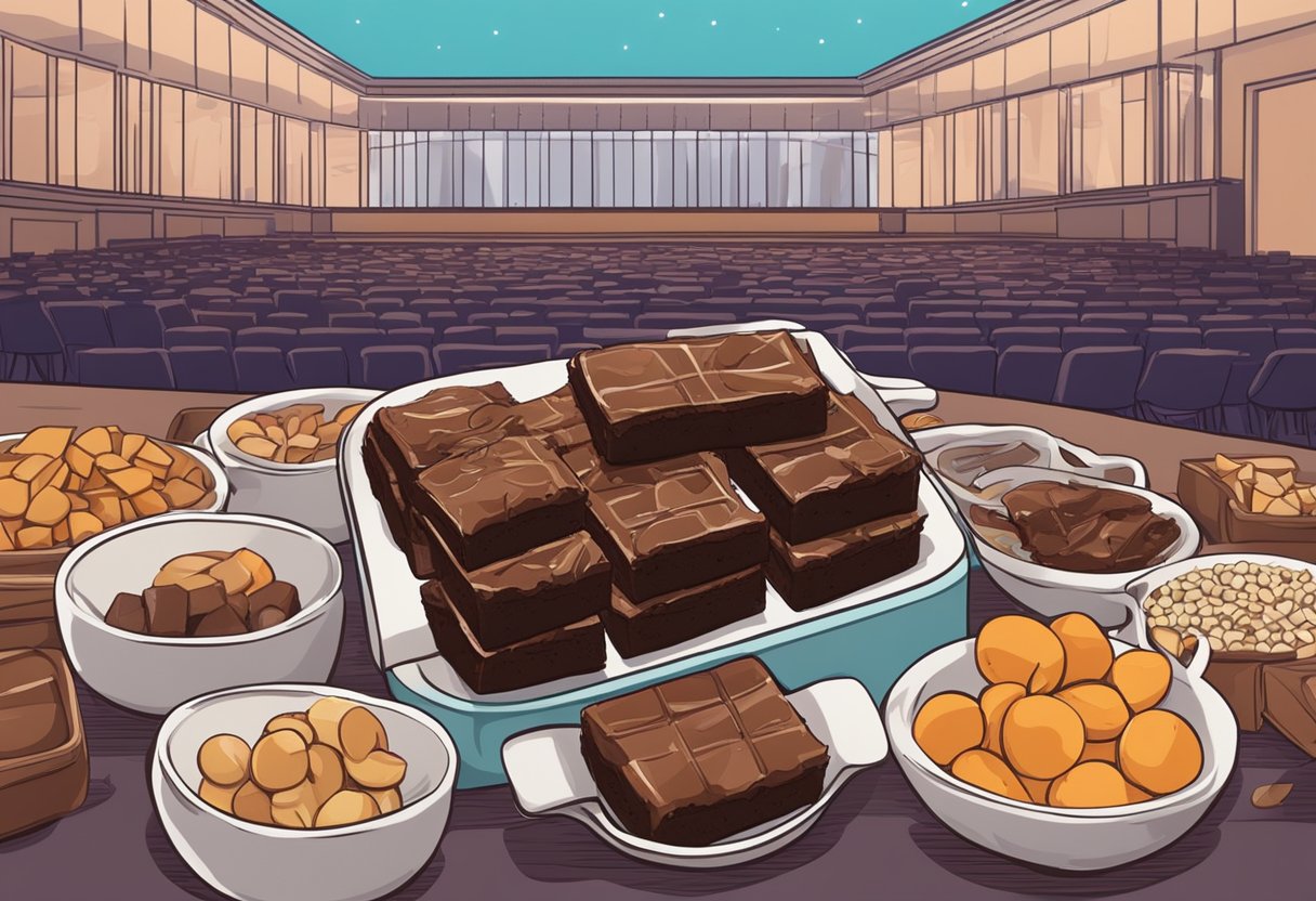 A table spread with a variety of low-carb brownies and snacks, with a concert hall in the background