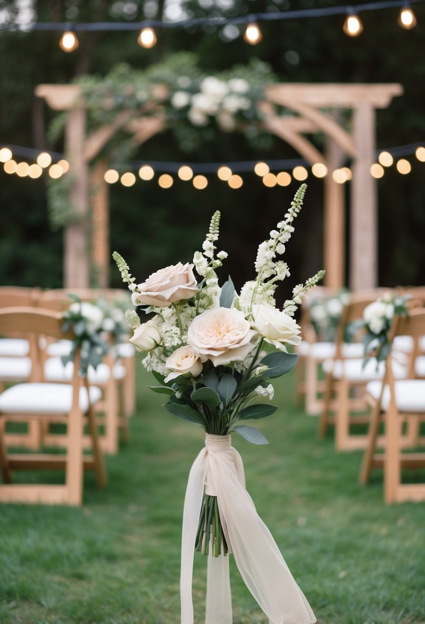 A serene outdoor wedding with delicate moody flowers, set against a rustic backdrop of wooden arches and twinkling string lights